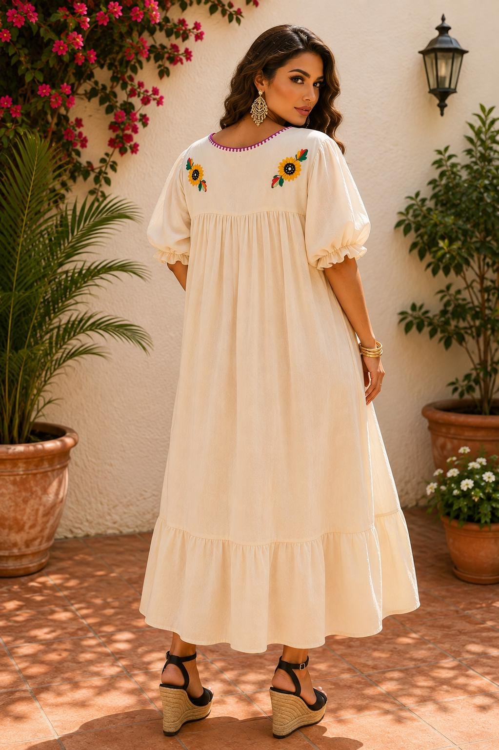 Image of Alma Beige, Handmade Embroidered Maxi Dress, Puebla Mexico, Maternity, Baby Shower, Resort Wear