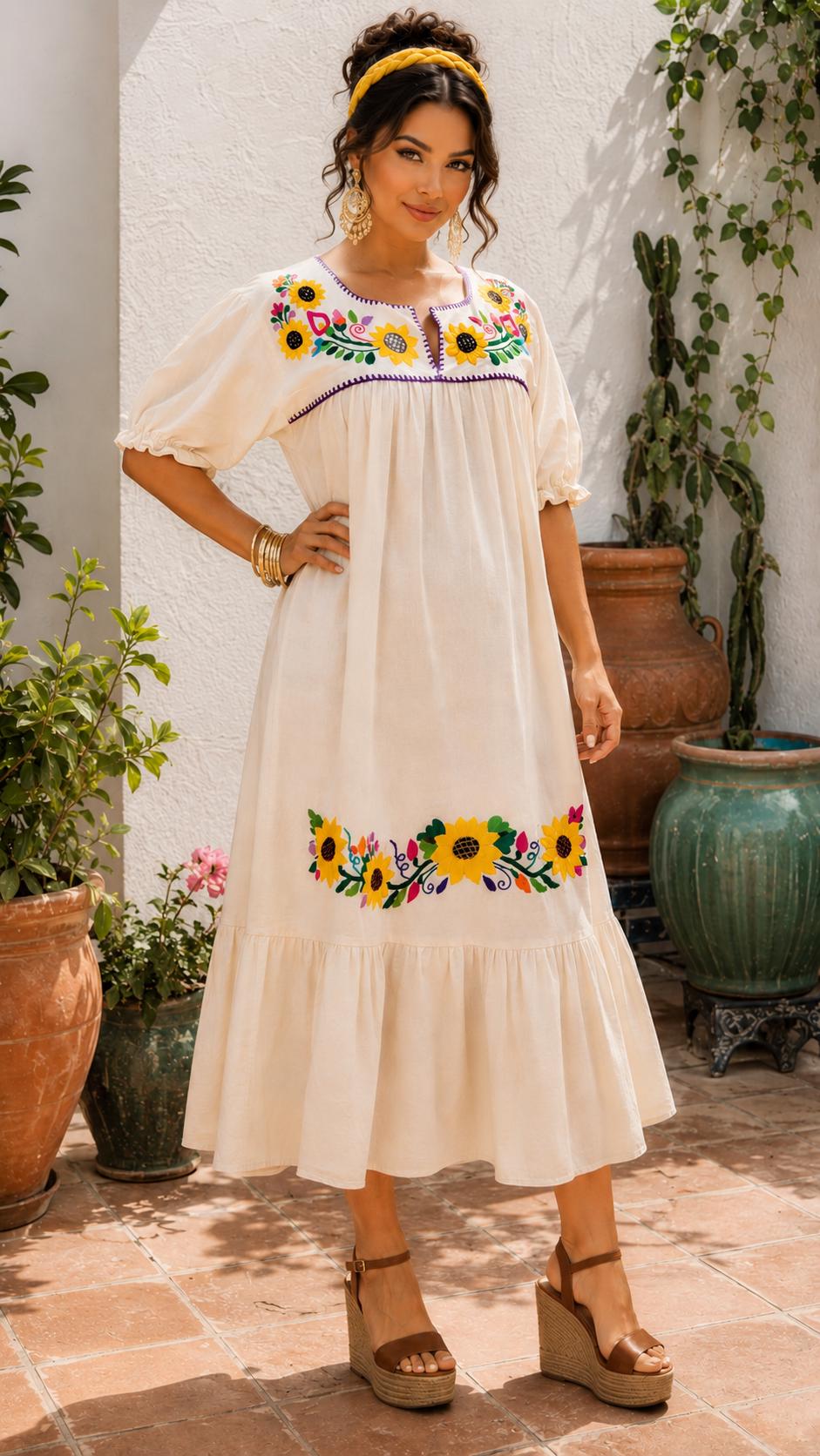 Image of Alma Beige, Handmade Embroidered Maxi Dress, Puebla Mexico, Maternity, Baby Shower, Resort Wear
