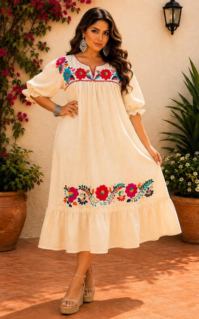 Image of Alma Beige, 2nd Floral Design, Handmade Embroidered Maxi Dress, Puebla Mexico, Maternity, Baby Shower, Resort Wear