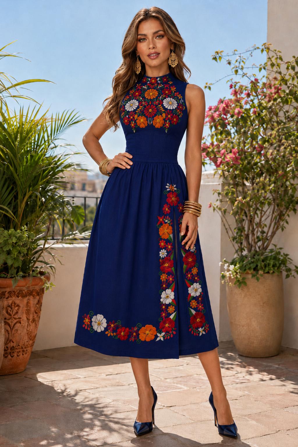 Image of Maggie, Puebla Dress – Authentic Hand-Embroidered Floral Mexican Artisan Halter Neck Summer Maxi Dress