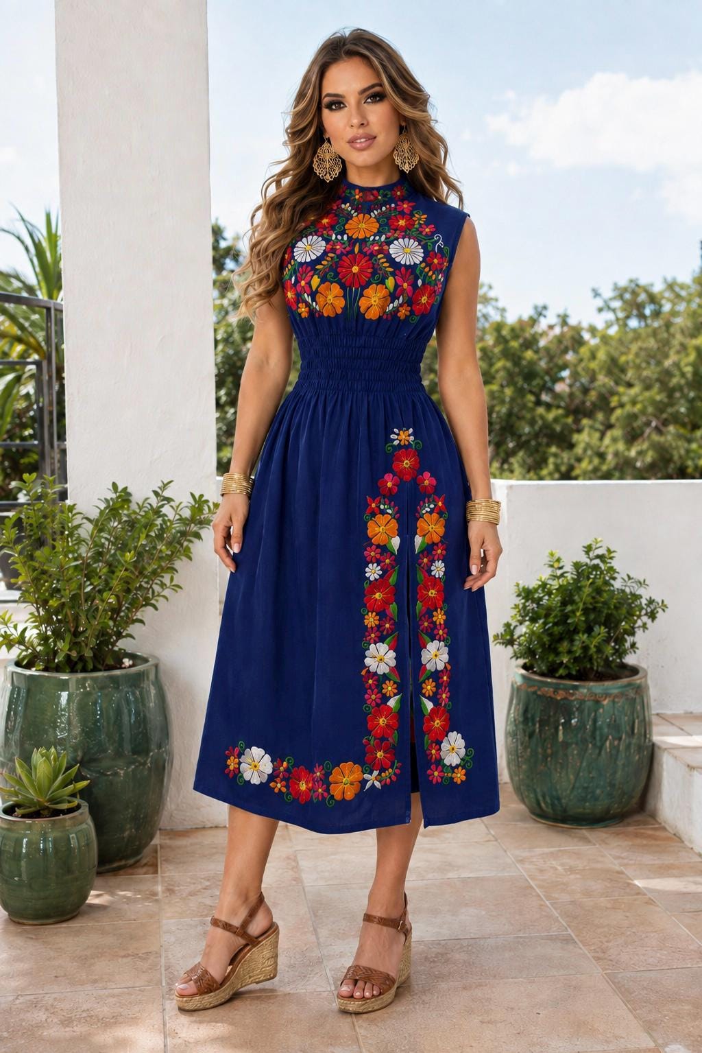 Image of Maggie, Puebla Dress – Authentic Hand-Embroidered Floral Mexican Artisan Halter Neck Summer Maxi Dress
