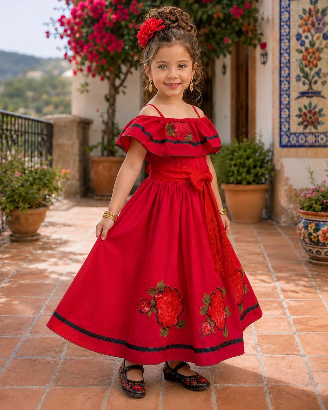 Image of Pao, Girls Red Mexican Folkloric Dress, Floral Embroidered Fiesta Dress, Pageant Outfit, Cultural Dance Dress, Mexican Heritage Gown