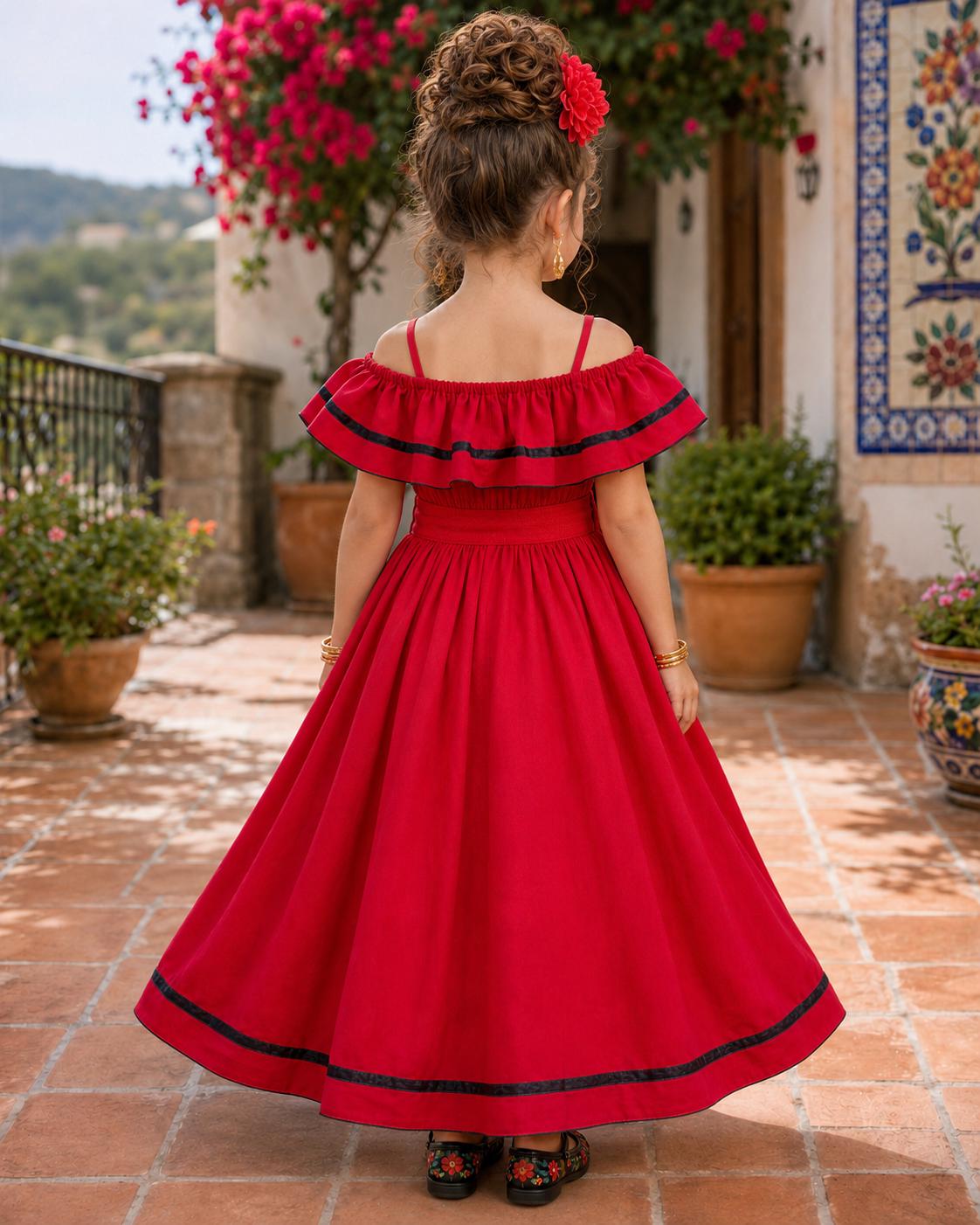 Image of Pao, Girls Red Mexican Folkloric Dress, Floral Embroidered Fiesta Dress, Pageant Outfit, Cultural Dance Dress, Mexican Heritage Gown