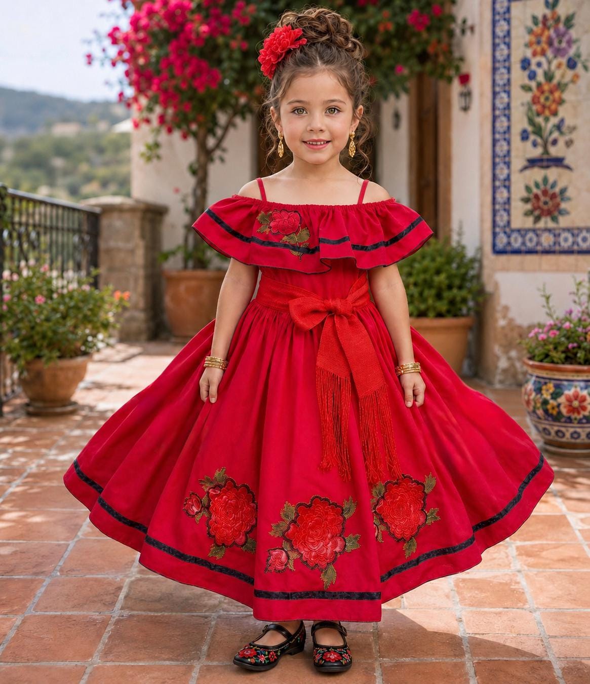 Image of Pao, Girls Red Mexican Folkloric Dress, Floral Embroidered Fiesta Dress, Pageant Outfit, Cultural Dance Dress, Mexican Heritage Gown