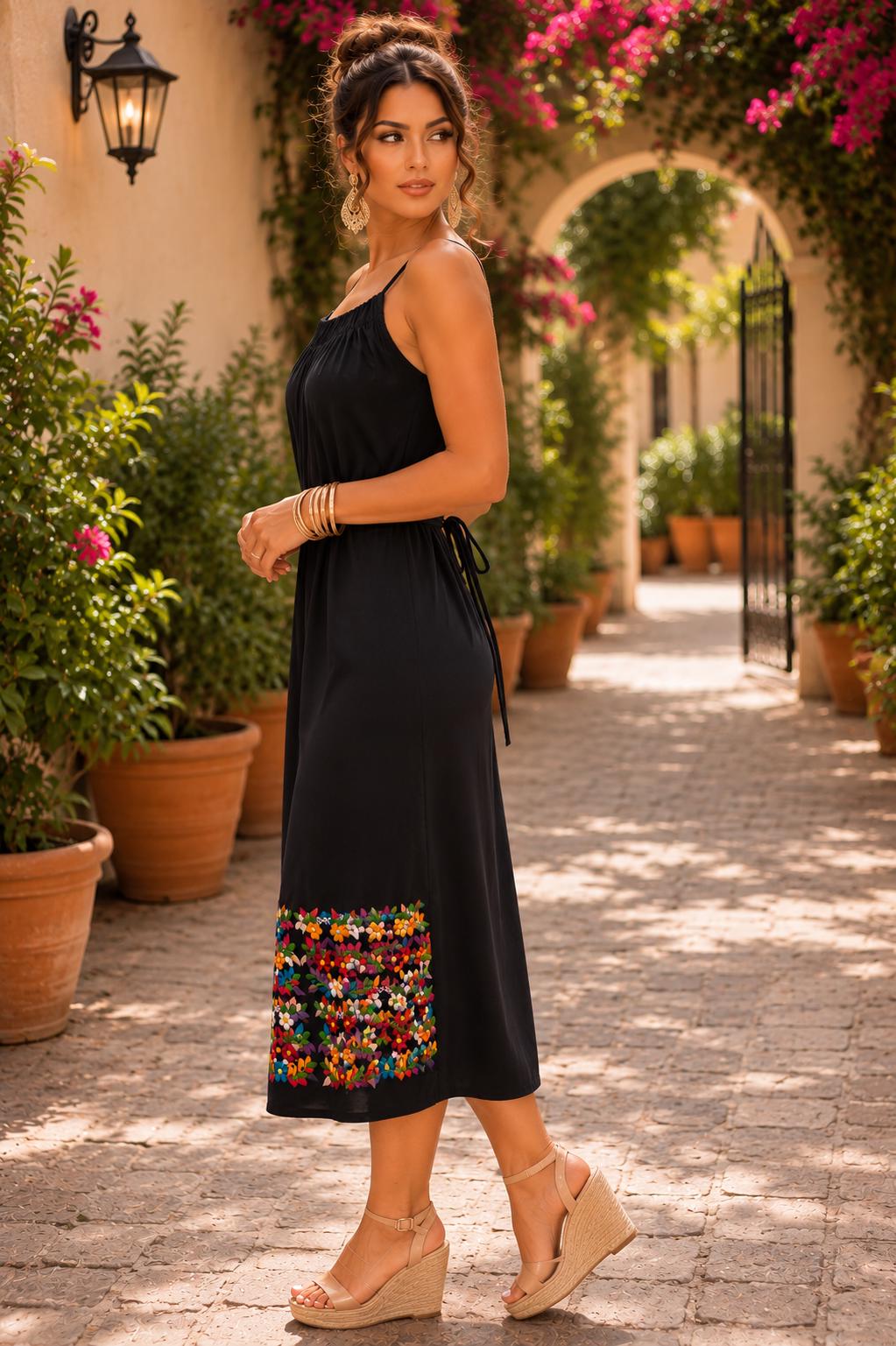 Image of Linda 1X Mexican Spaghetti Dress, Floral Print Maxi Dress, Multicolor Embroidered, Fiesta Party, Date Night, Summer Dress, Cocktail night