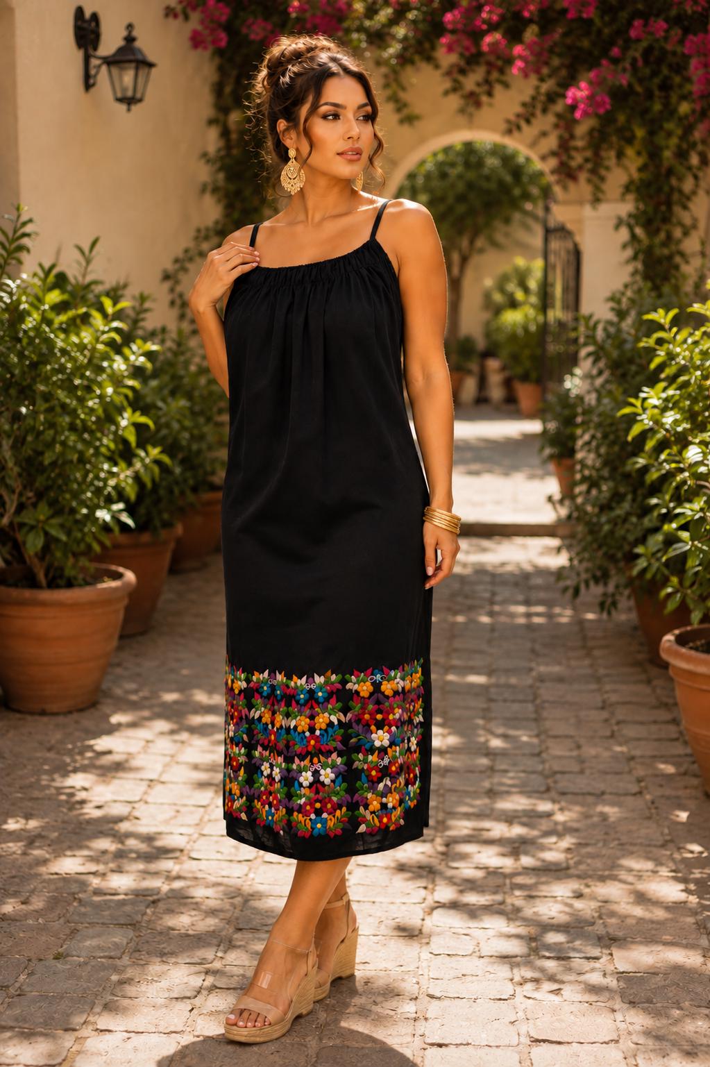 Image of Linda 1X Mexican Spaghetti Dress, Floral Print Maxi Dress, Multicolor Embroidered, Fiesta Party, Date Night, Summer Dress, Cocktail night