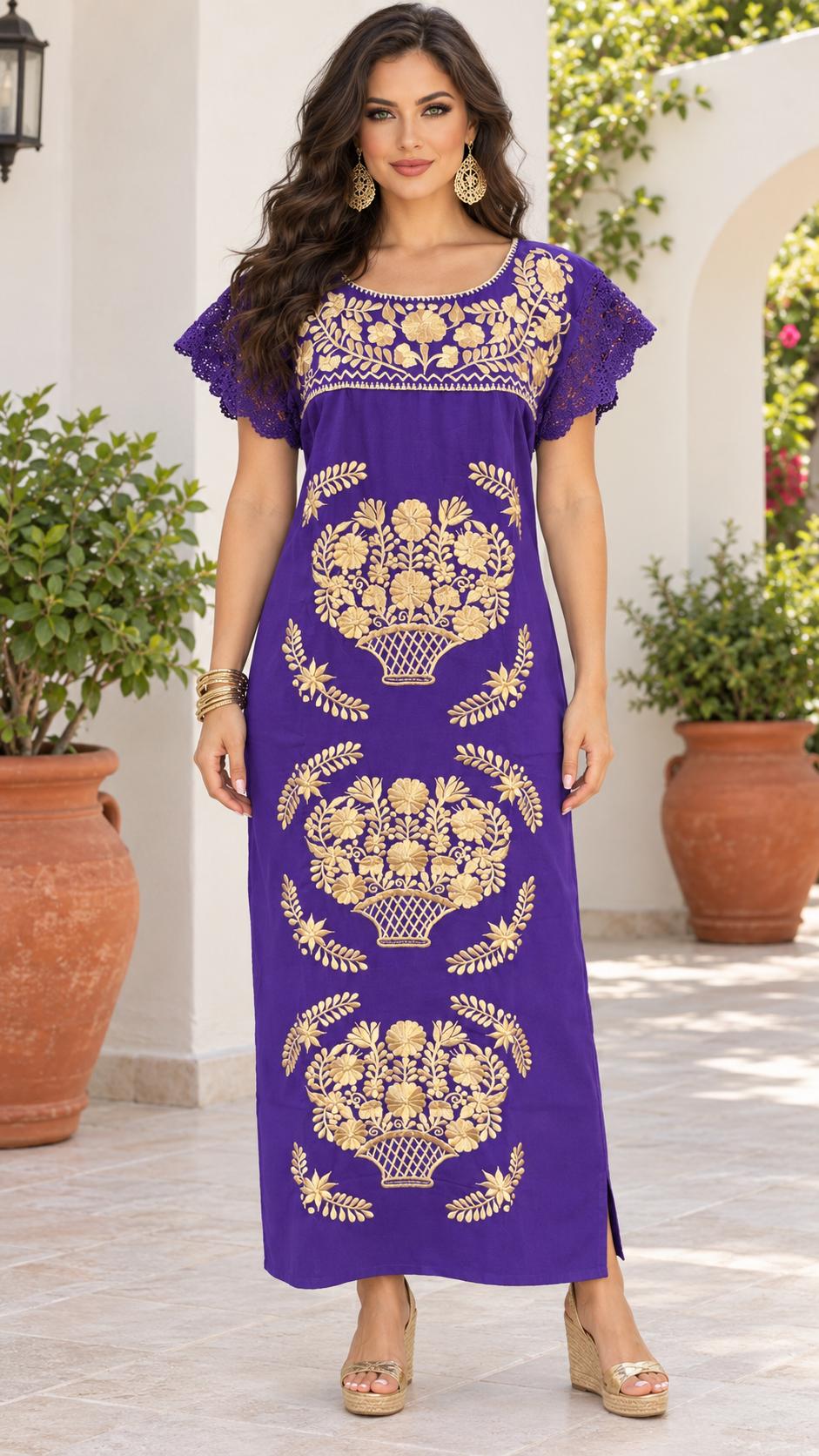 Image of Dayanara 2, Mexican Embroidered Longe Dress – Artisanal Golden Floral Maxi Style, Cocktail dress, Date night, Special events, Small