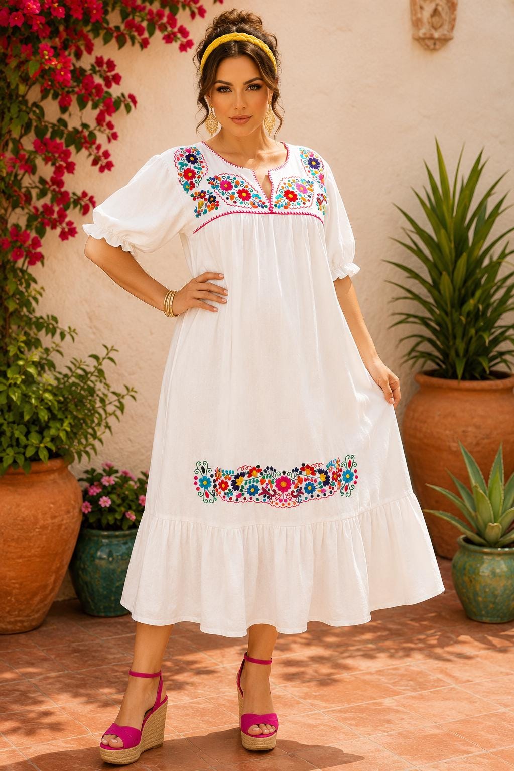 Image of Alma-White4, Handmade Embroidered Maxi Dress, Puebla Mexico, Maternity, Baby Shower, Resort Wear, Gender Reveal, Mother to be.