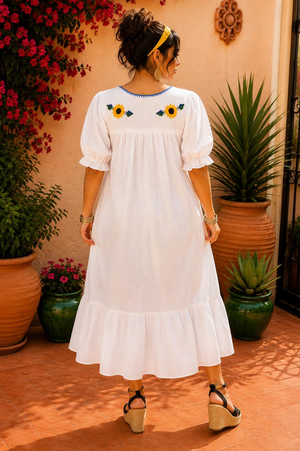 Image of Alma-White3, Handmade Embroidered Maxi Dress, Sunflower design, Maternity, Baby Shower, Resort Wear, Gender Reveal, Mother to be, Large Size