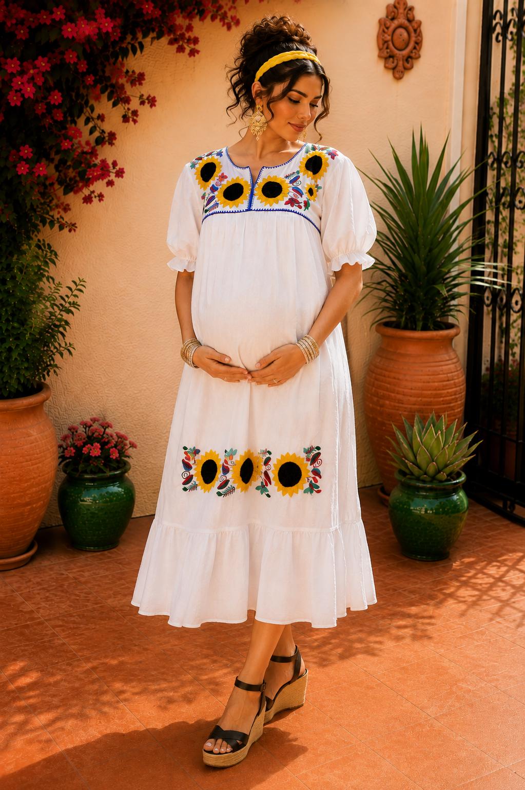 Image of Alma-White3, Handmade Embroidered Maxi Dress, Sunflower design, Maternity, Baby Shower, Resort Wear, Gender Reveal, Mother to be, Large Size