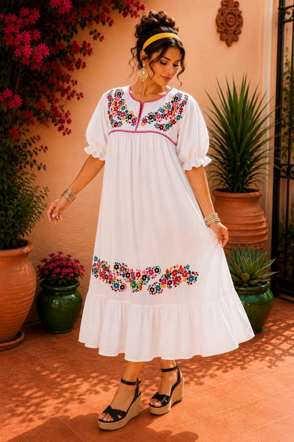 Image of Alma-white2, Handmade Embroidered Maternity Maxi Dress, Puebla Mexico, Floral Multicolor Artistry Design, Gender Reveal, Resort dress, Large