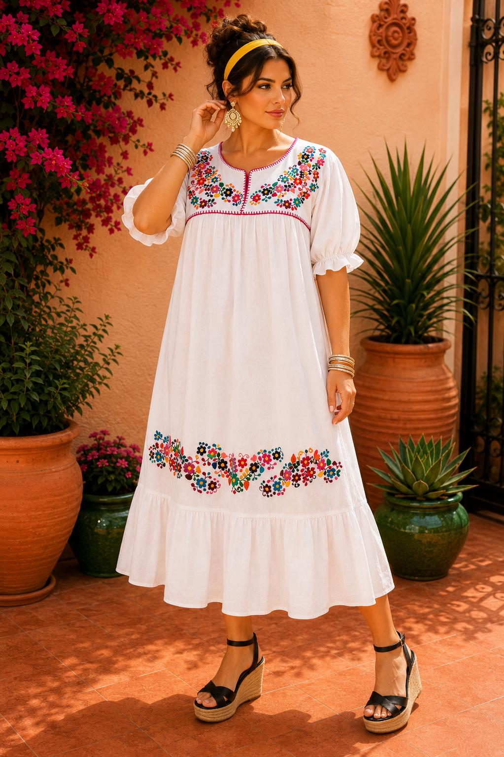 Image of Alma-white2, Handmade Embroidered Maternity Maxi Dress, Puebla Mexico, Floral Multicolor Artistry Design, Gender Reveal, Resort dress, Large