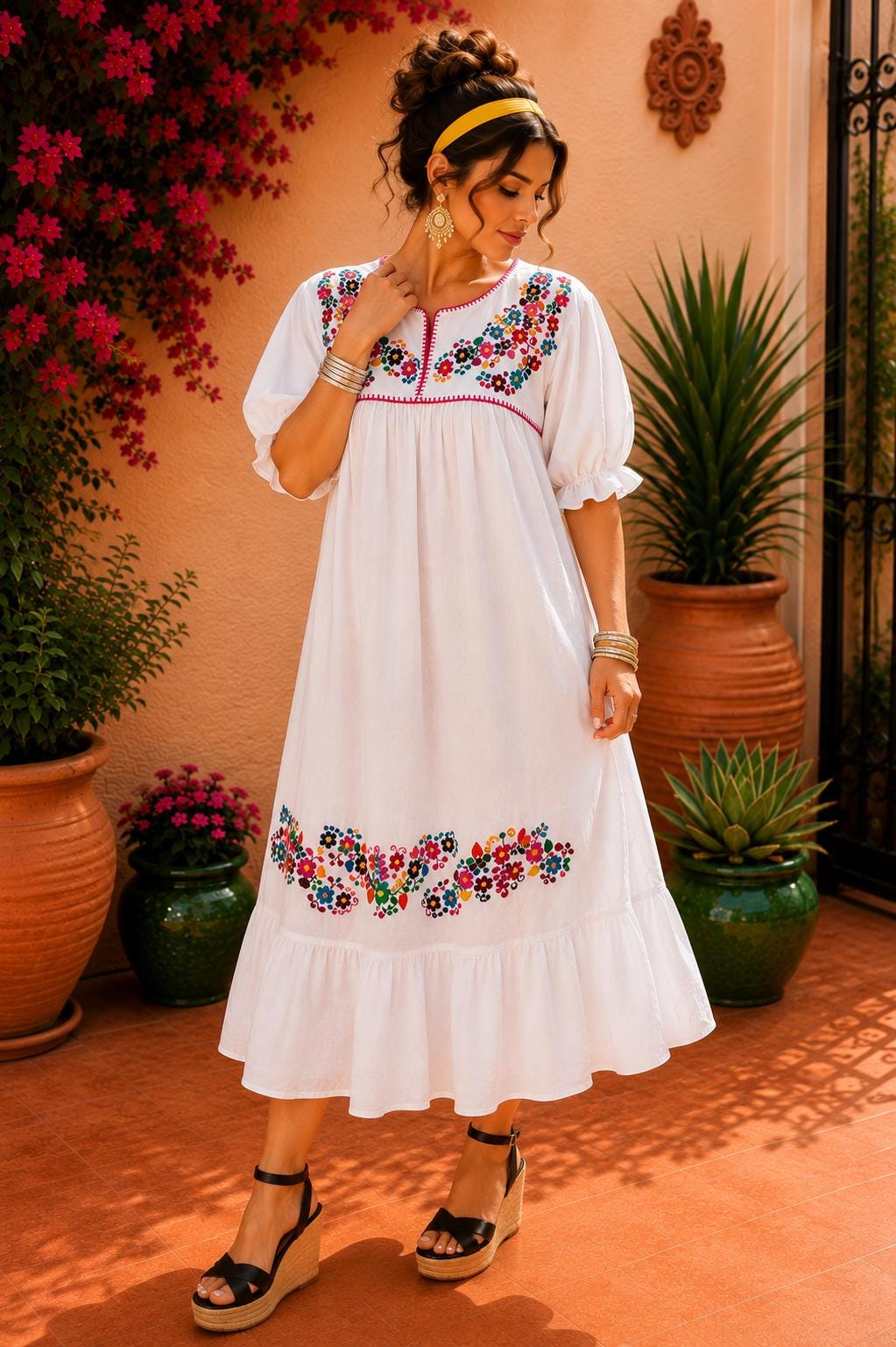 Image of Alma-white2, Handmade Embroidered Maternity Maxi Dress, Puebla Mexico, Floral Multicolor Artistry Design, Gender Reveal, Resort dress, Large