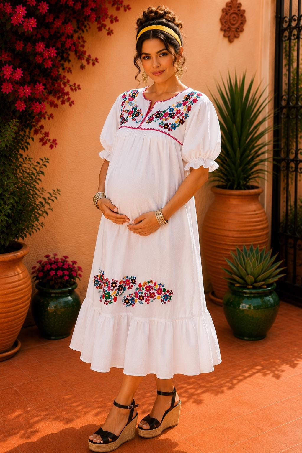 Image of Alma-white2, Handmade Embroidered Maternity Maxi Dress, Puebla Mexico, Floral Multicolor Artistry Design, Gender Reveal, Resort dress, Large