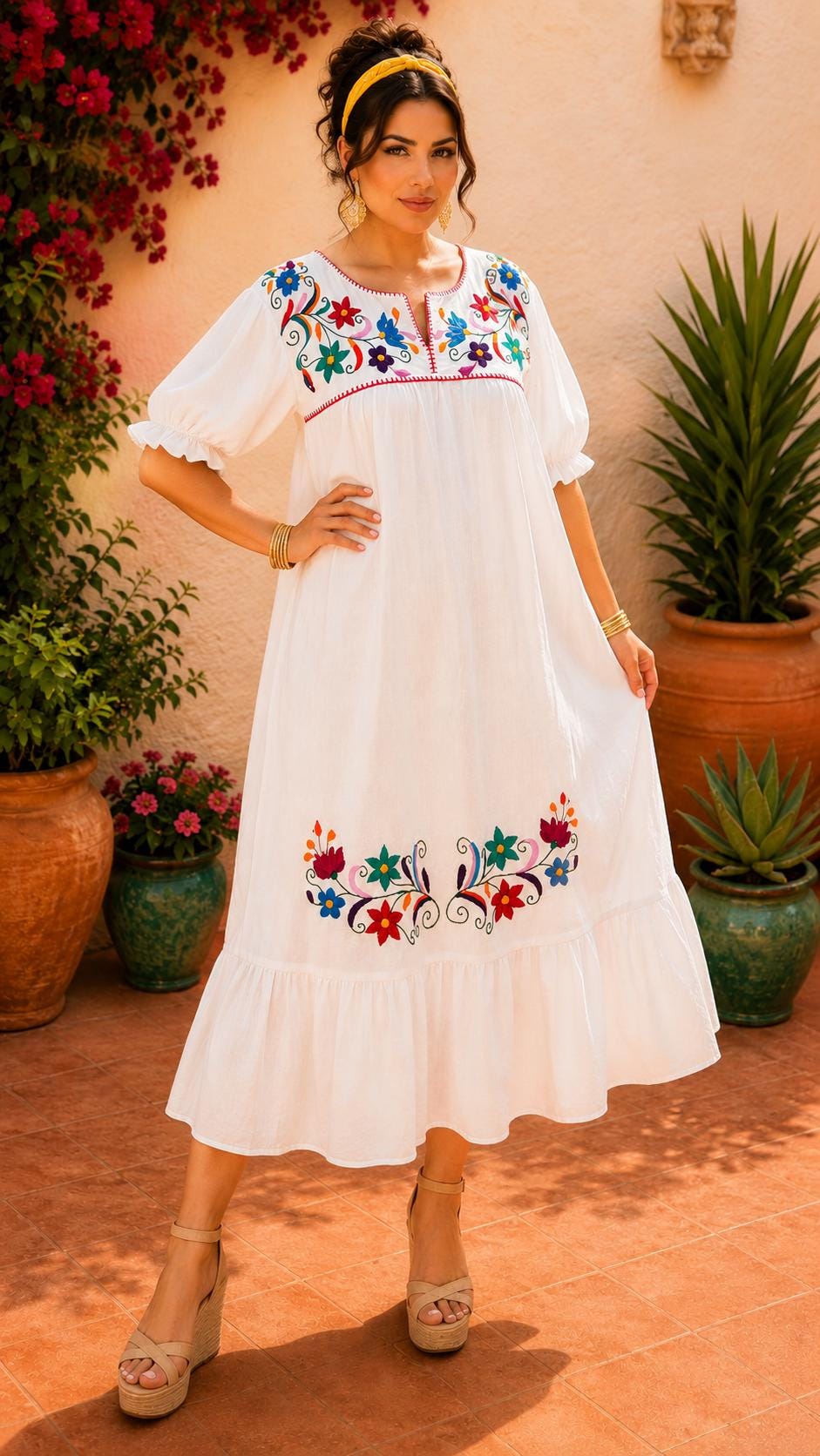 Image of Alma-white1, Handmade Embroidered Maternity Maxi Dress, Puebla Mexico, Floral Multicolor Artistry Design, Gender Reveal, Resort dress, Large