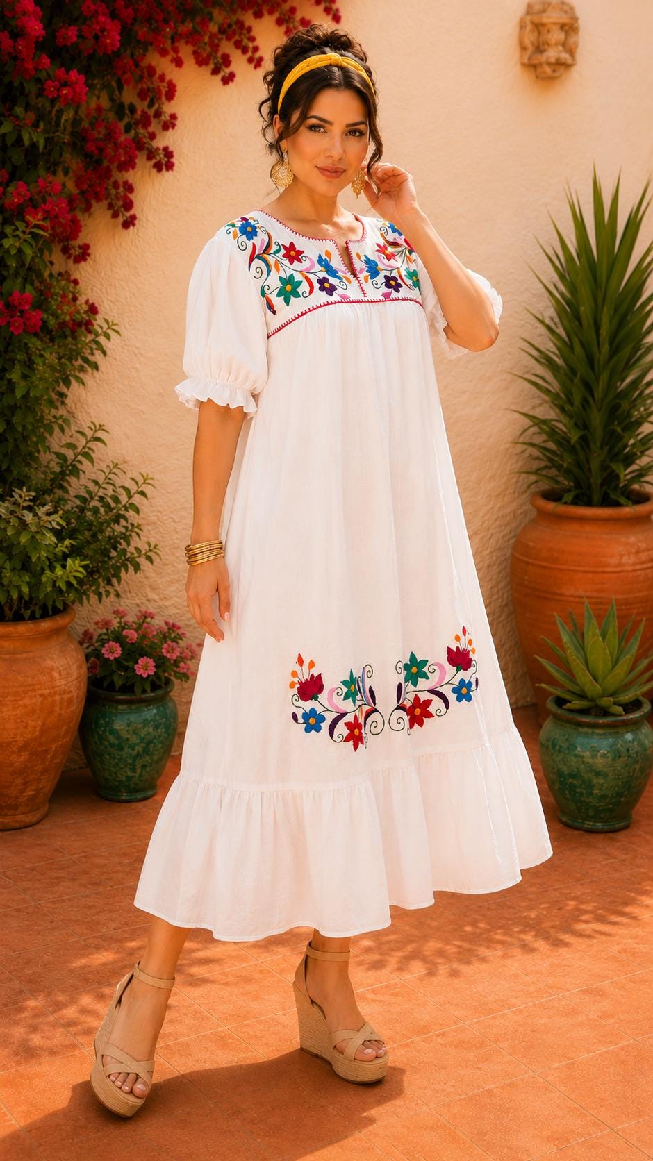 Image of Alma-white1, Handmade Embroidered Maternity Maxi Dress, Puebla Mexico, Floral Multicolor Artistry Design, Gender Reveal, Resort dress, Large