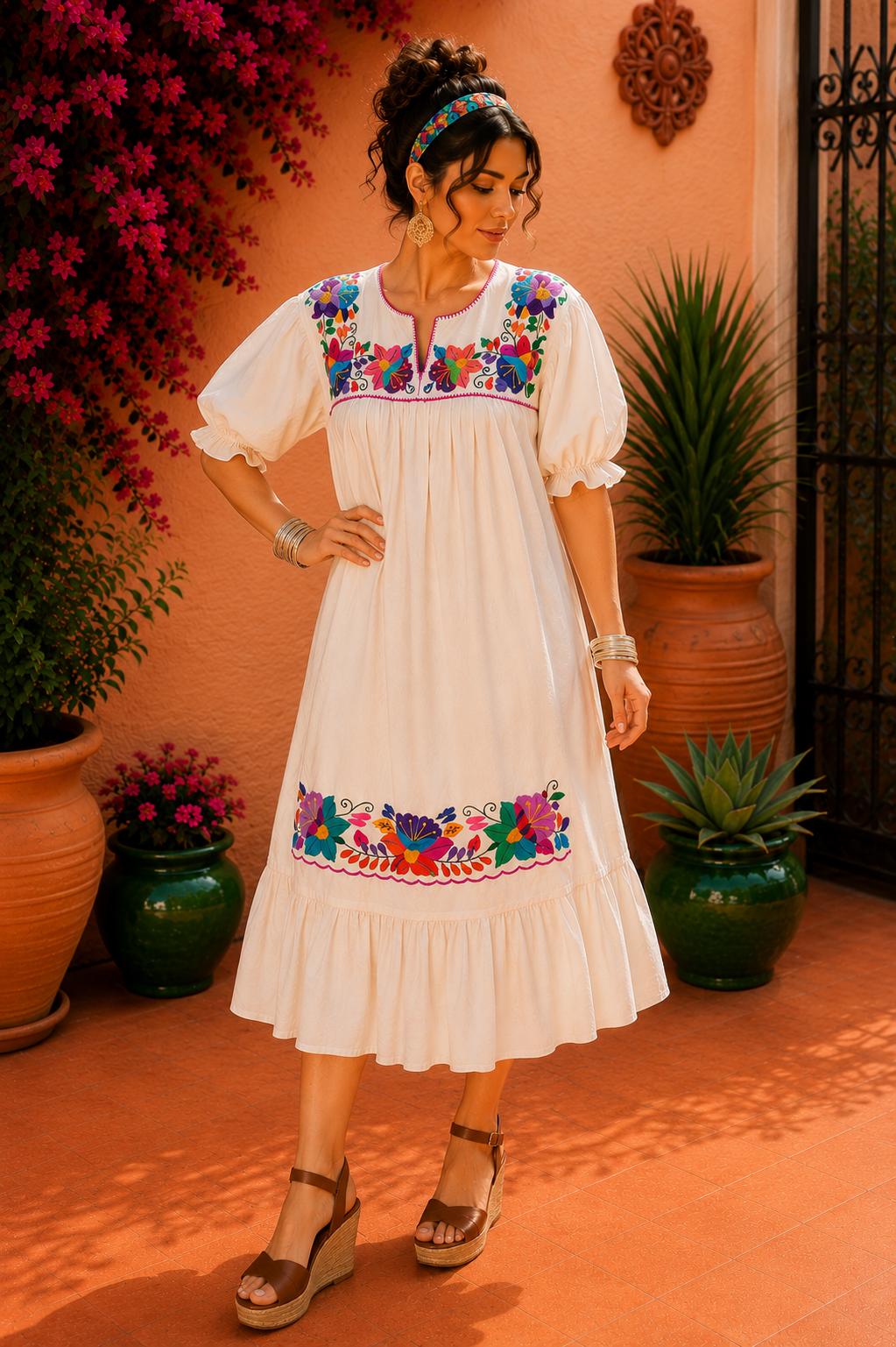 Image of Alma Beige1, Handmade Embroidered Maxi Dress, Puebla Mexico, Maternity, Baby Shower, Resort Wear, Resort dress, Vacation dress, XLarge size
