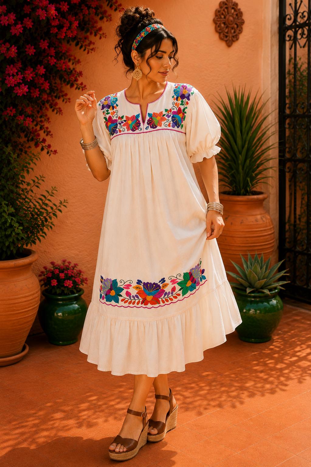Image of Alma Beige1, Handmade Embroidered Maxi Dress, Puebla Mexico, Maternity, Baby Shower, Resort Wear, Resort dress, Vacation dress, XLarge size