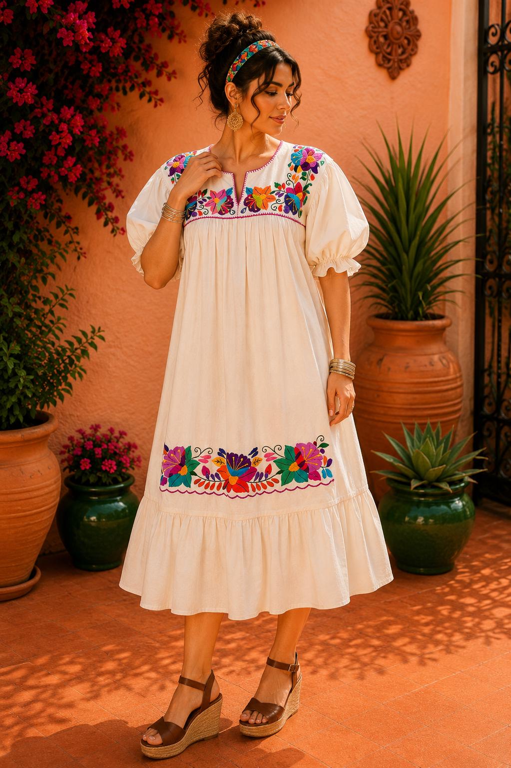 Image of Alma Beige1, Handmade Embroidered Maxi Dress, Puebla Mexico, Maternity, Baby Shower, Resort Wear, Resort dress, Vacation dress, XLarge size