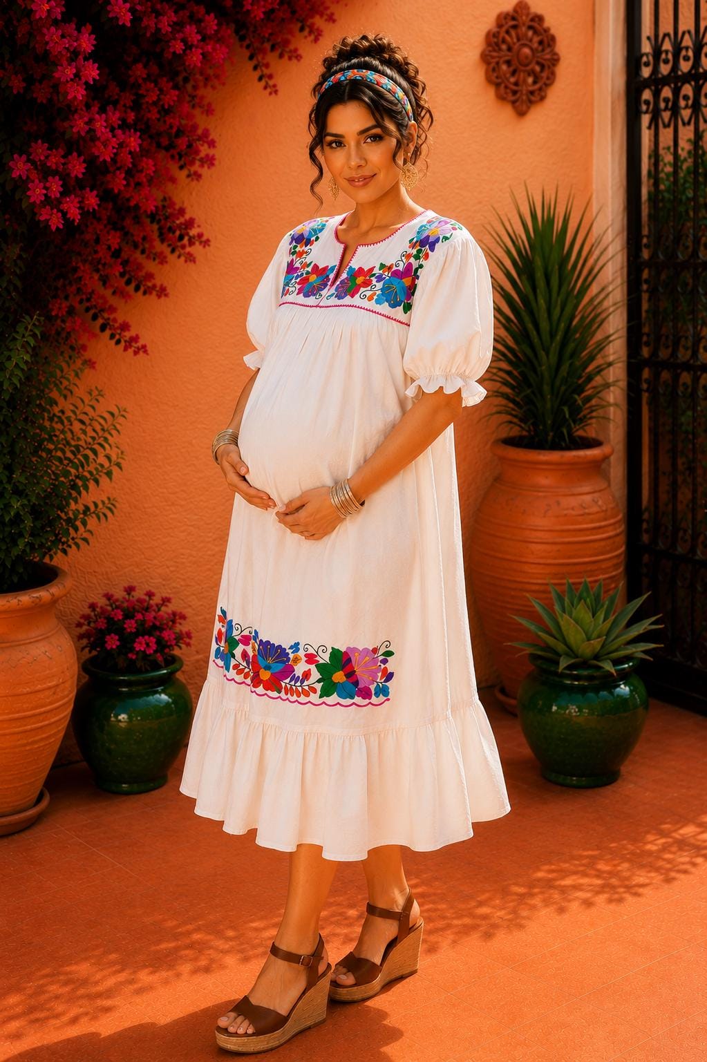 Image of Alma Beige1, Handmade Embroidered Maxi Dress, Puebla Mexico, Maternity, Baby Shower, Resort Wear, Resort dress, Vacation dress, XLarge size