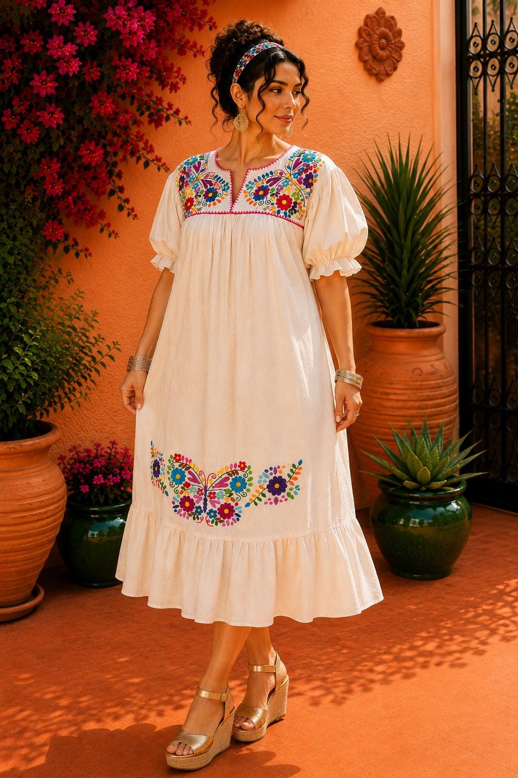 Image of Alma Beige2, Handmade Embroidered Maxi Dress, Puebla Mexico, Maternity, Baby Shower, Resort Wear, Resort dress, Vacation dress, XLarge size