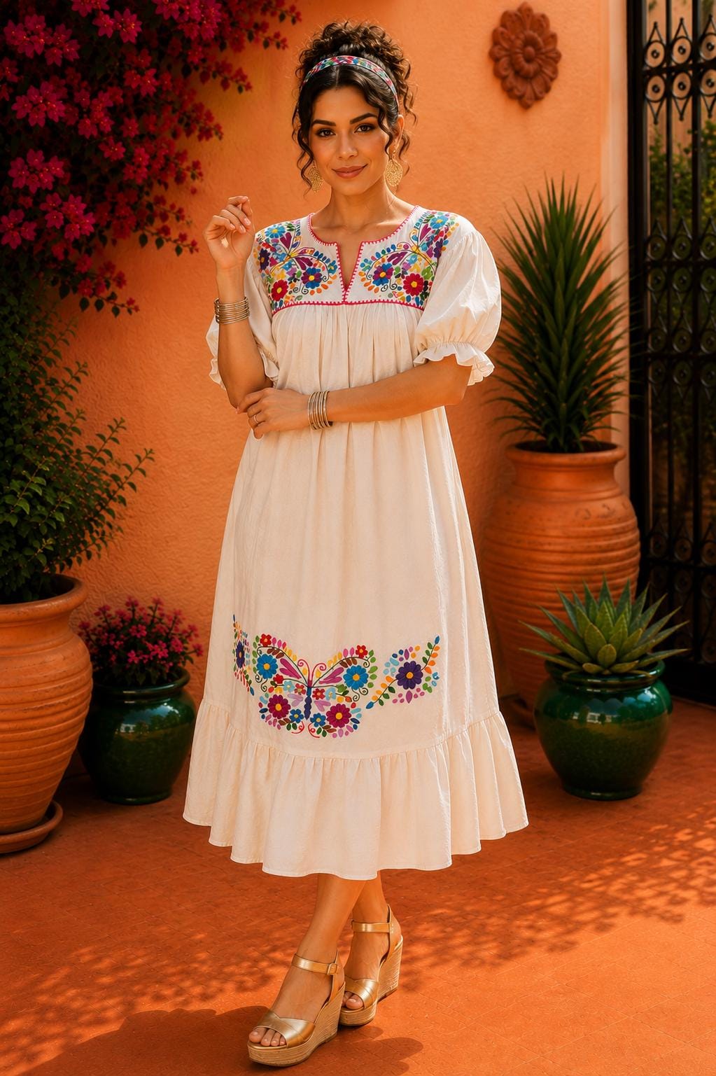 Image of Alma Beige2, Handmade Embroidered Maxi Dress, Puebla Mexico, Maternity, Baby Shower, Resort Wear, Resort dress, Vacation dress, XLarge size