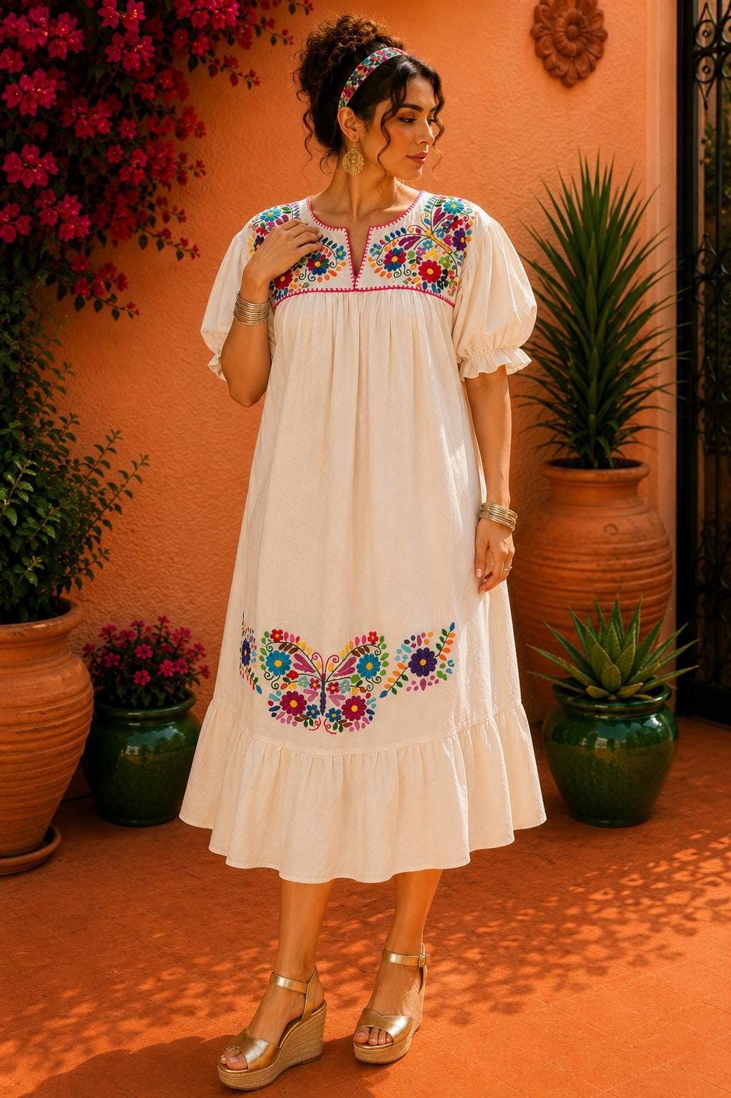 Image of Alma Beige2, Handmade Embroidered Maxi Dress, Puebla Mexico, Maternity, Baby Shower, Resort Wear, Resort dress, Vacation dress, XLarge size