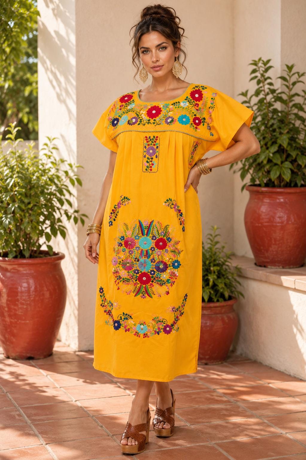 Image of Chanel Women's Long Hand Embroidered Mexican Puebla Dress style, Cultural events, Fiestas, Birthday gift, Cinco de Mayo