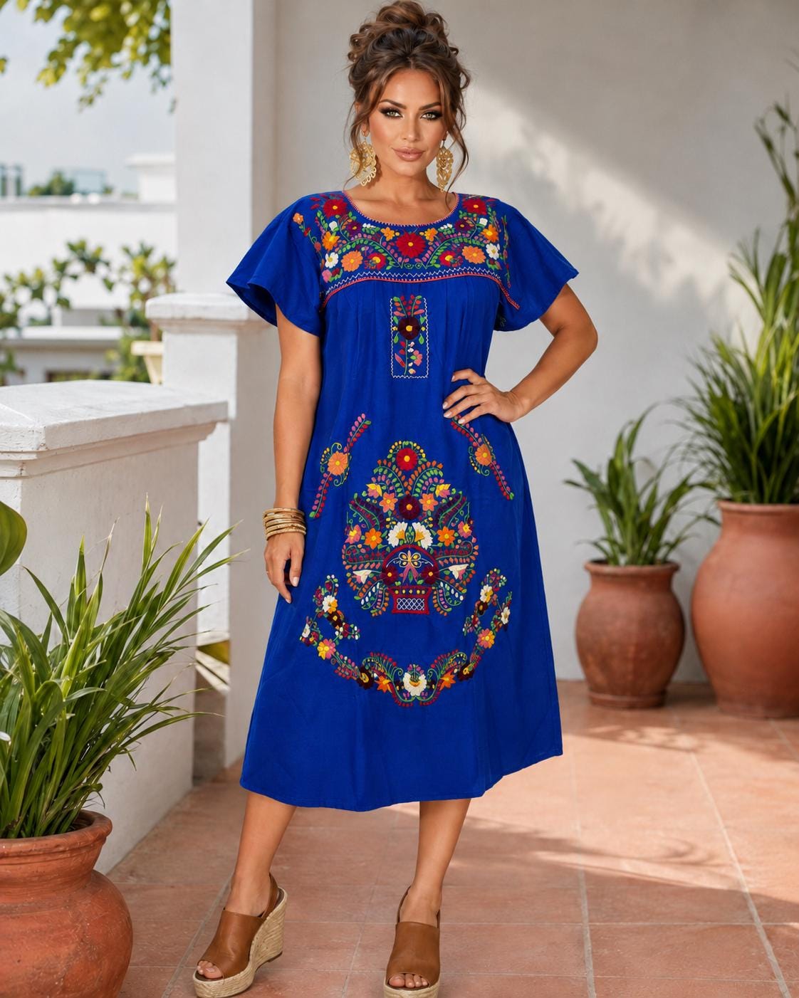 Image of Chanel Women's Long Hand Embroidered Mexican Puebla Dress style, Cultural events, Fiestas, Birthday gift, Cinco de Mayo