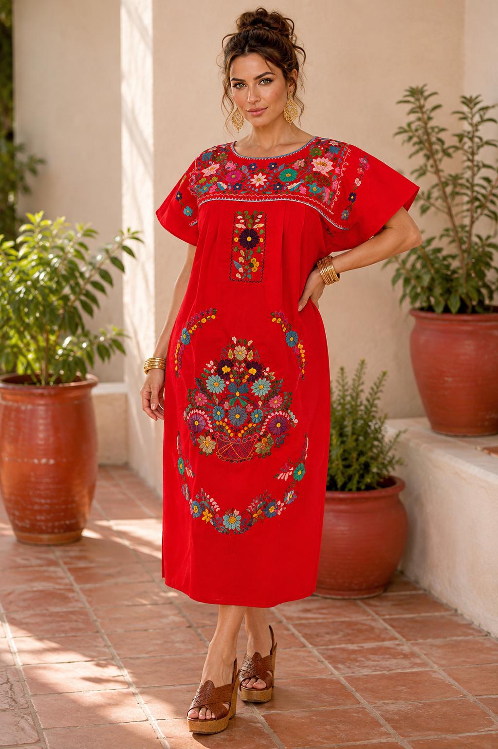 Image of Chanel Women's Long Hand Embroidered Mexican Puebla Dress style, Cultural events, Fiestas, Birthday gift, Cinco de Mayo