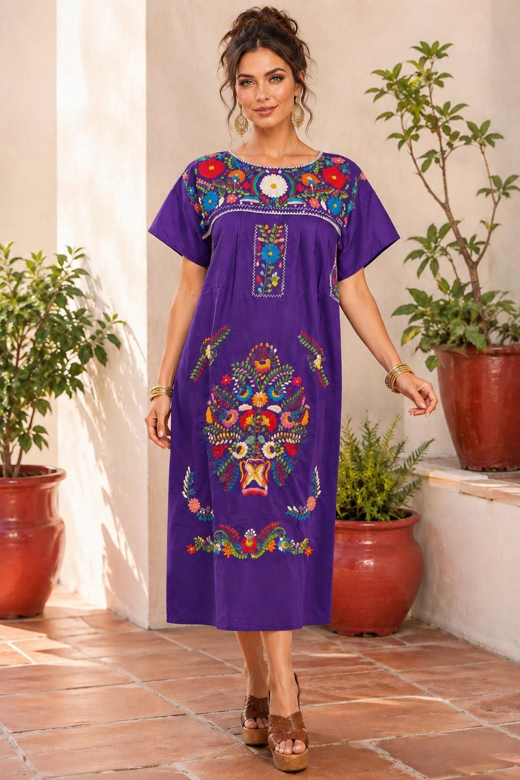 Image of Chanel Women's Long Hand Embroidered Mexican Puebla Dress style, Cultural events, Fiestas, Birthday gift, Cinco de Mayo