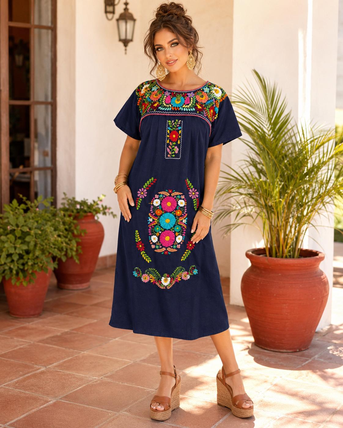 Image of Chanel Women's Long Hand Embroidered Mexican Puebla Dress style, Cultural events, Fiestas, Birthday gift, Cinco de Mayo