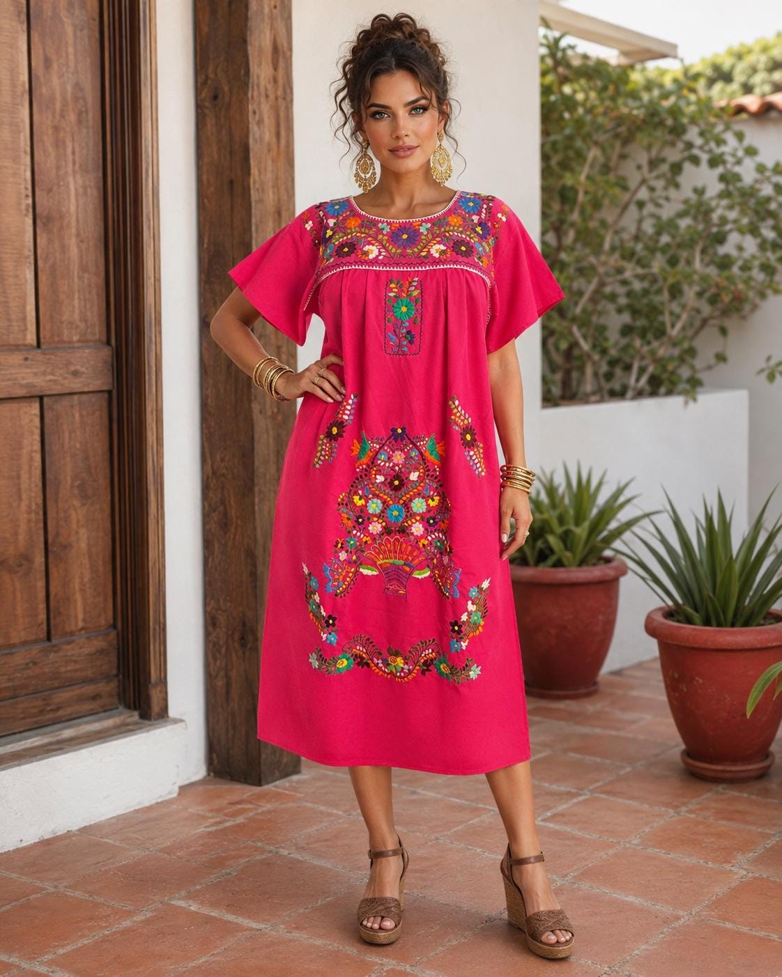 Image of Chanel Women's Long Hand Embroidered Mexican Puebla Dress style, Cultural events, Fiestas, Birthday gift, Cinco de Mayo