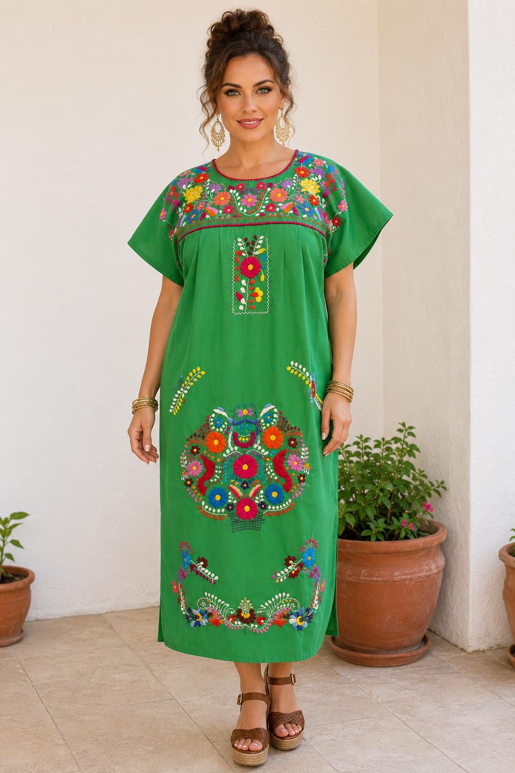 Image of Chanel Women's Long Hand Embroidered Mexican Puebla Dress style, Cultural events, Fiestas, Birthday gift, Cinco de Mayo