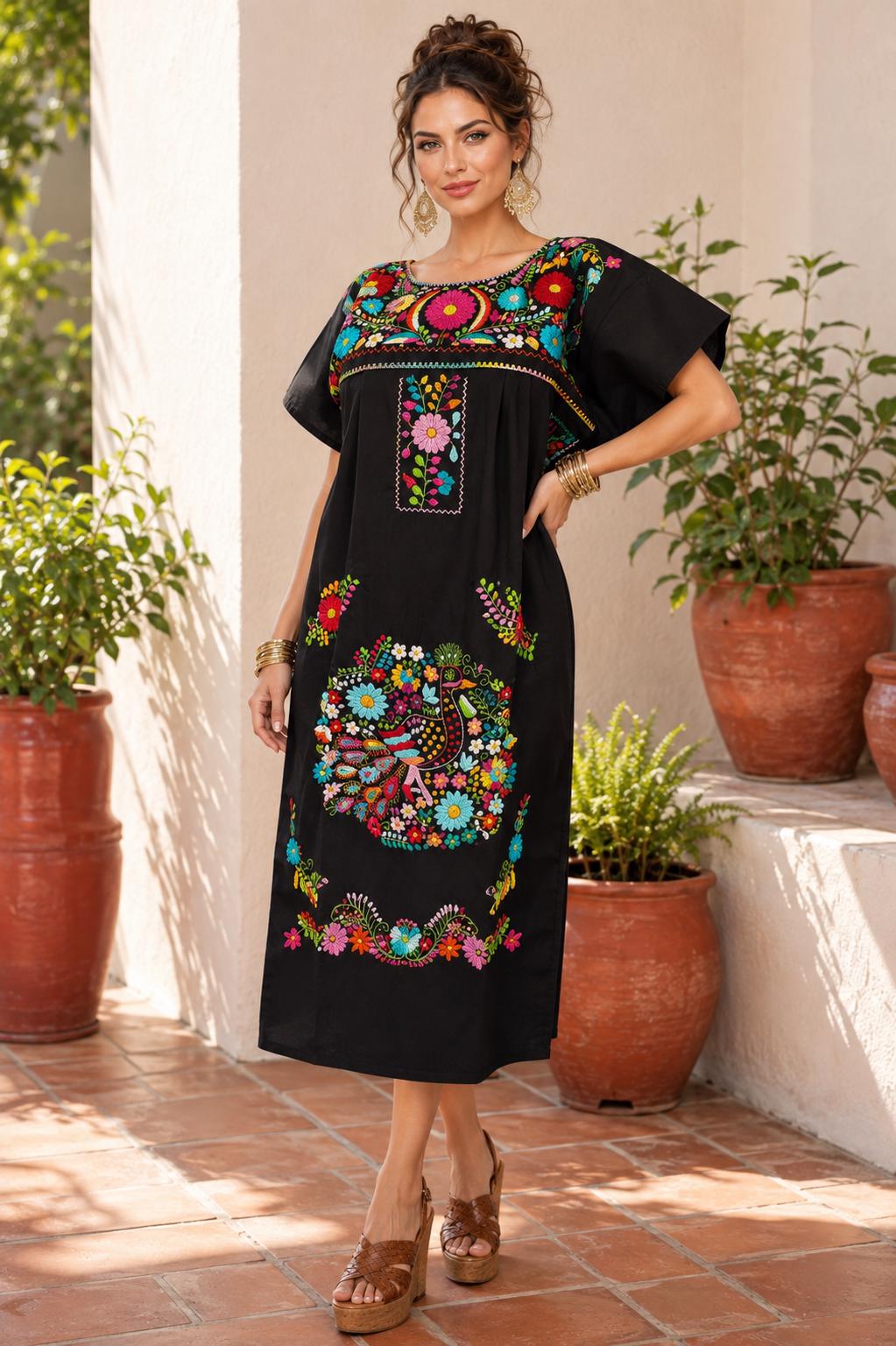 Image of Chanel Women's Long Hand Embroidered Mexican Puebla Dress style, Cultural events, Fiestas, Birthday gift, Cinco de Mayo