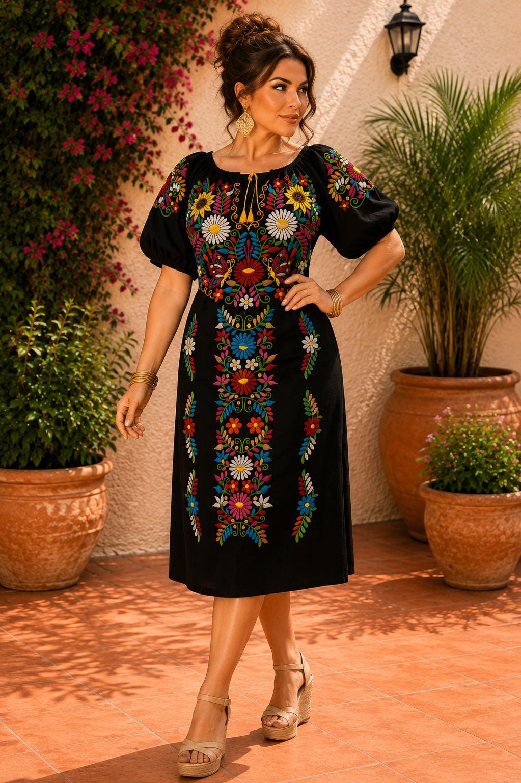 Image of Black Mexican Embroidered Floral Dress “Dana”–Puebla Inspired Fiesta Dress