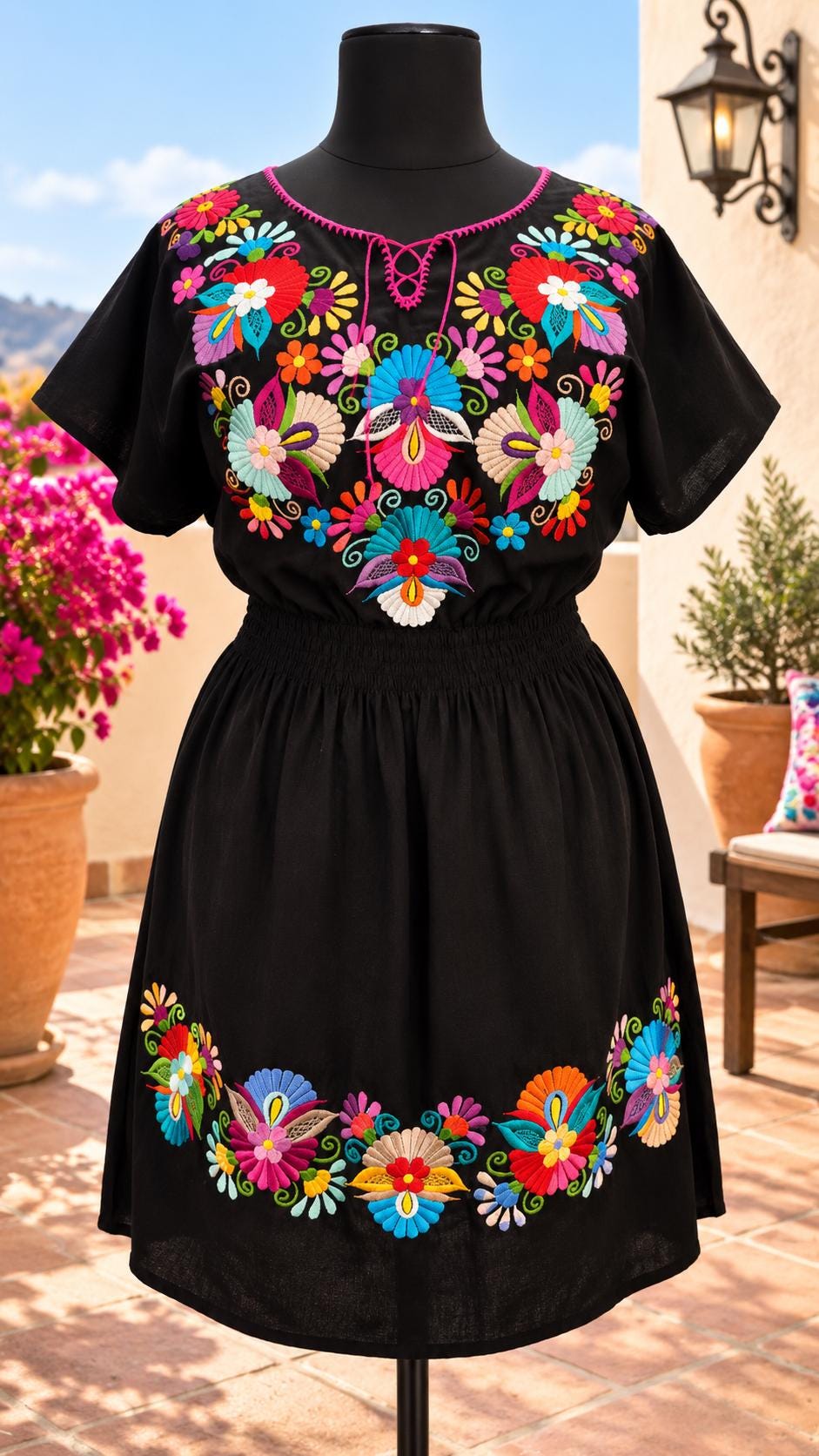 Image of Plus Size 3rd Style, 3X, Mexican Black Dress, Embroidered Puebla style Dress, Colorful, fresh and Fiesta Ready Dress, Artisan made Dress