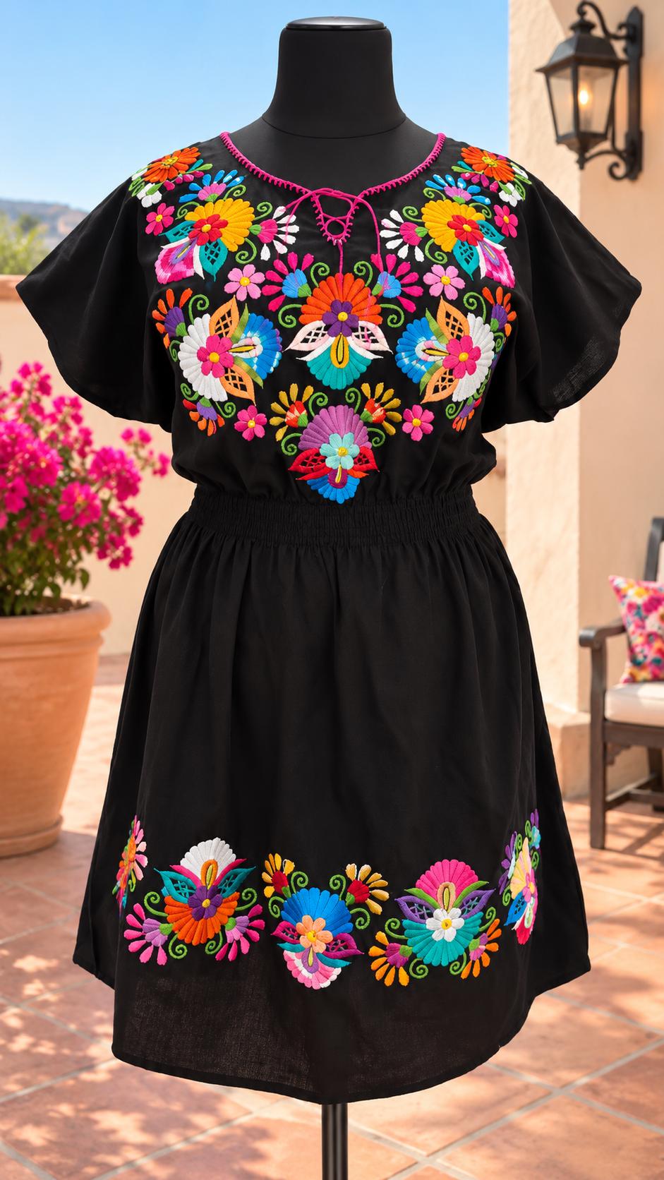 Image of Plus Size, 3X, Mexican Black Dress, Embroidered Chiapas Dress, Colorful Floral Dress, Mexican Fiesta Dress, Boho Artisan Dress, Folk Dress