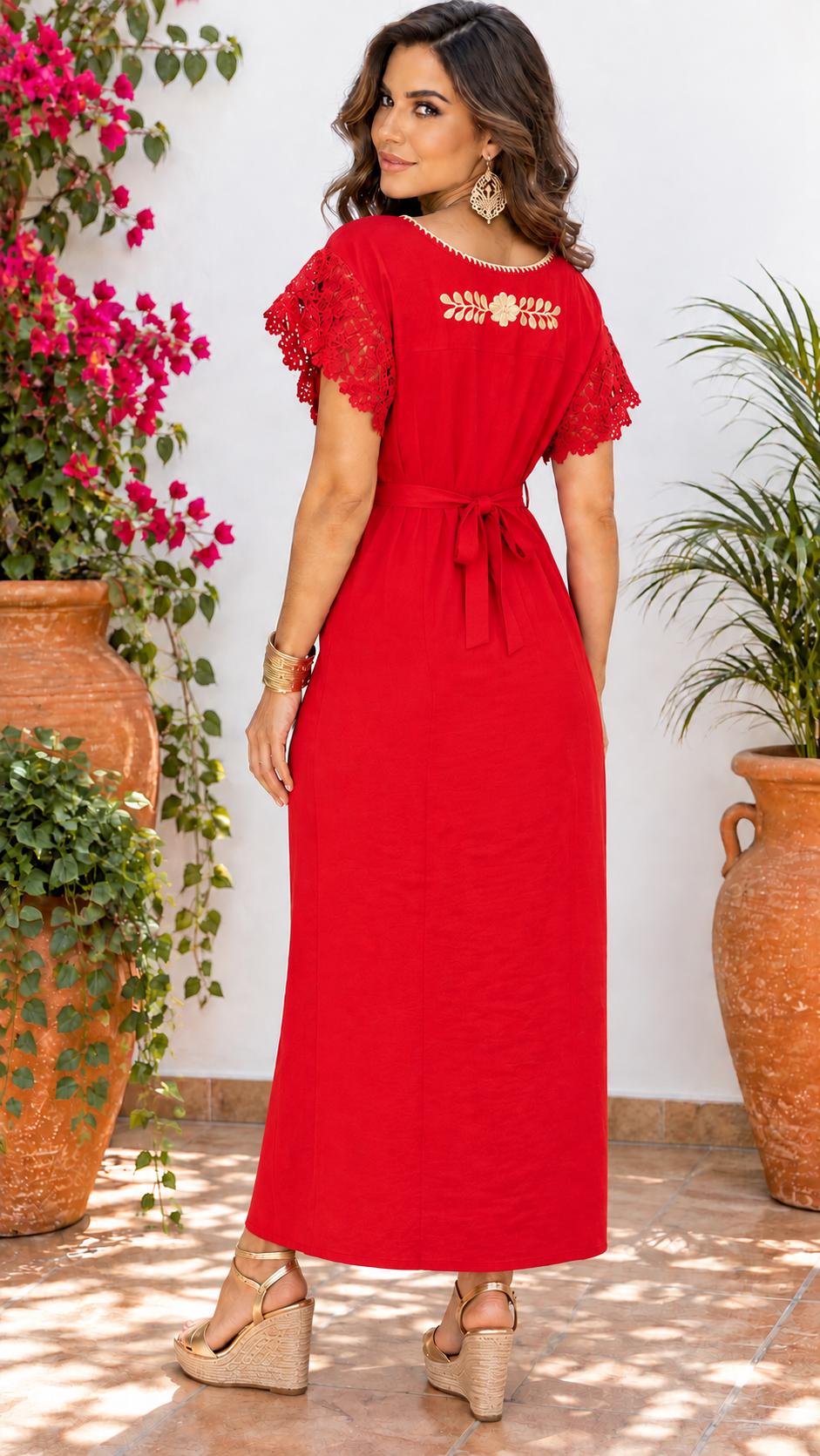 Image of Mexican Embroidered Maxi Dress, Golden Floral Artisanal Style, Cocktail Date Night - Medium & Large