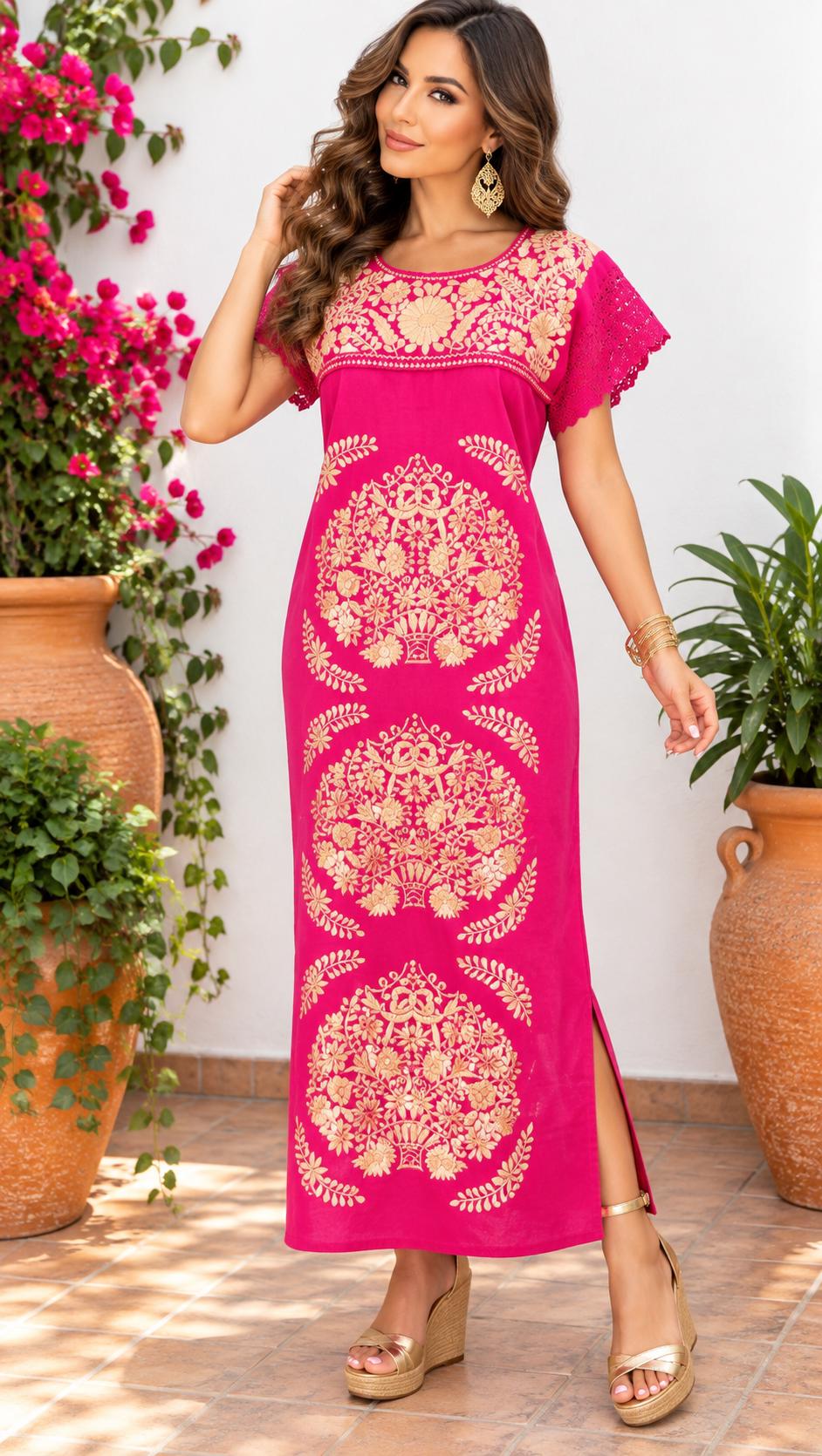 Image of Mexican Embroidered Maxi Dress, Golden Floral Artisanal Style, Cocktail Date Night - Medium & Large