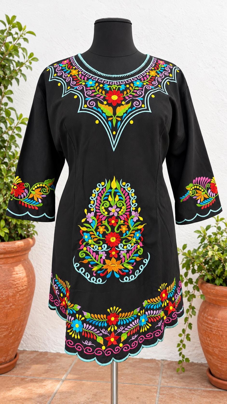Image of Black Embroidered Dress, Plus Size, Mexican Embroidered Cocktail Dress, Date Night Artisanal Clothing Bohemian Peasant Floral Folk Art Tunic