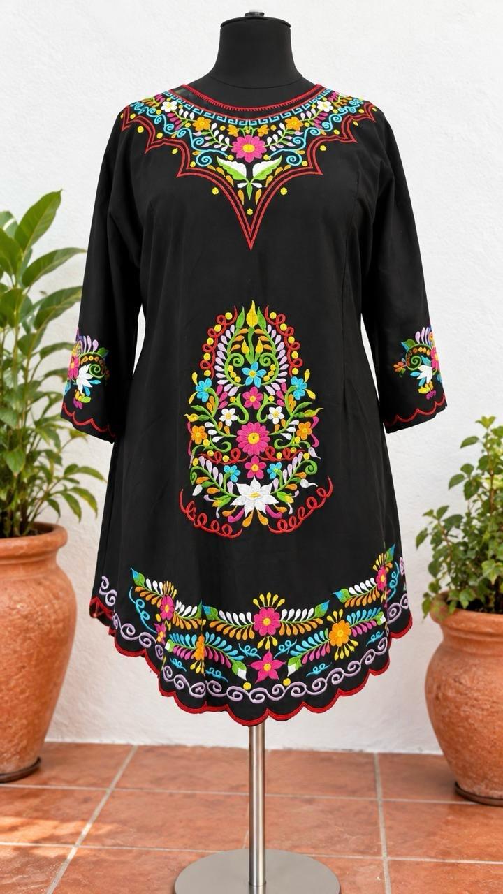 Image of Mexican Embroidered Dress, Plus Size, Black Floral Fiesta Outfit, Puebla Style, Wedding Guest Attire, Floral Folk Art Tunic