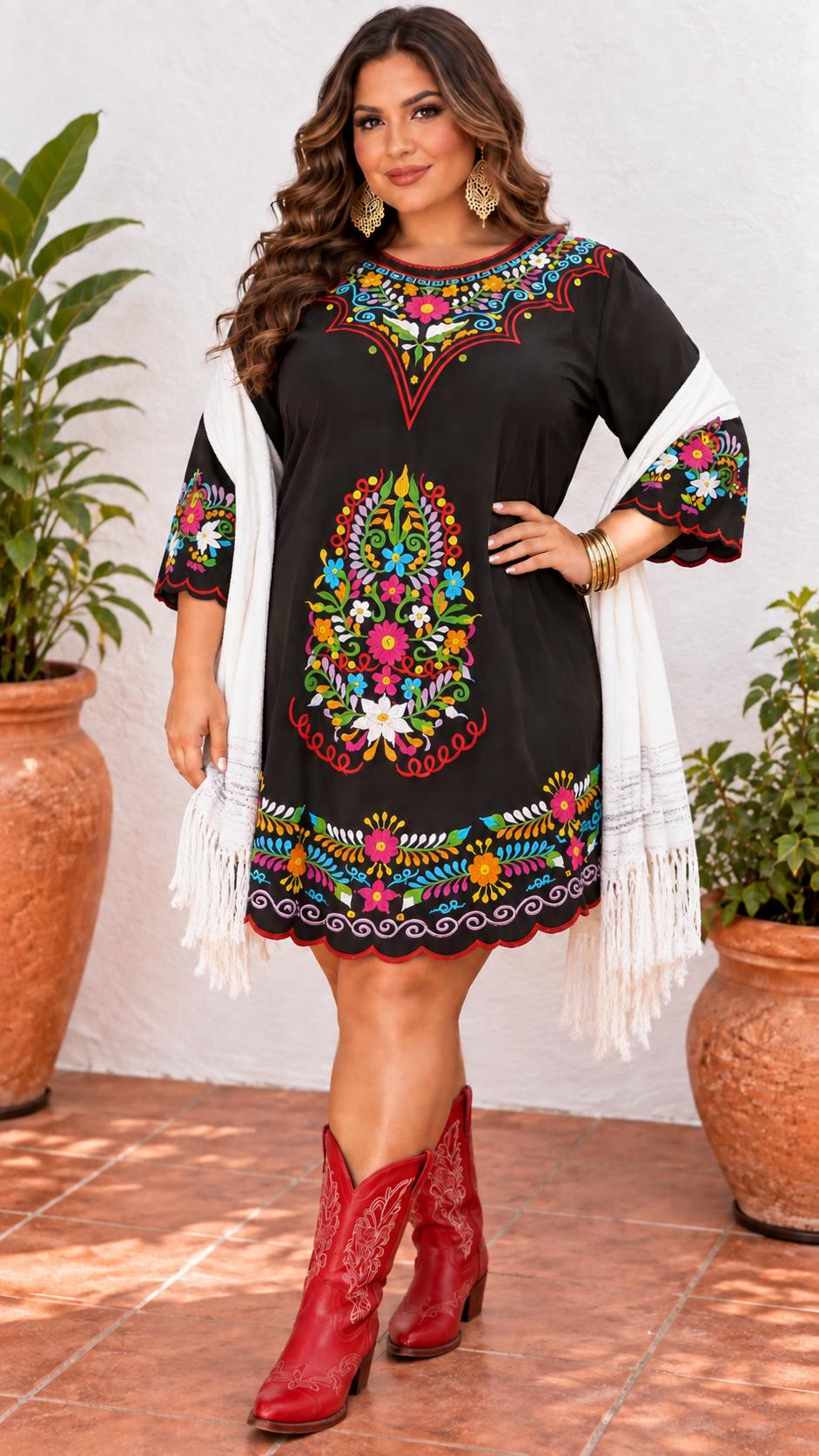 Image of Mexican Embroidered Dress, Plus Size, Black Floral Fiesta Outfit, Puebla Style, Wedding Guest Attire, Floral Folk Art Tunic