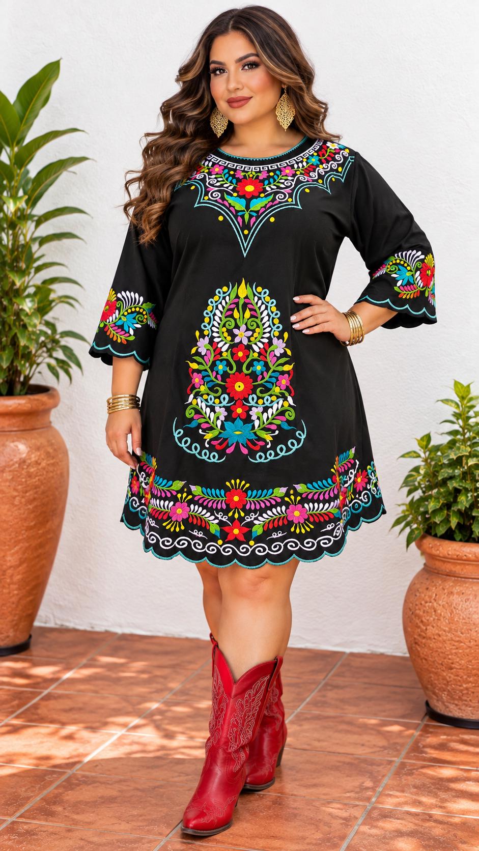 Image of Plus Size, Mexican Embroidered Dress, Black Floral Fiesta Outfit, Puebla Style, Wedding Guest Attire, Floral Folk Art Tunic