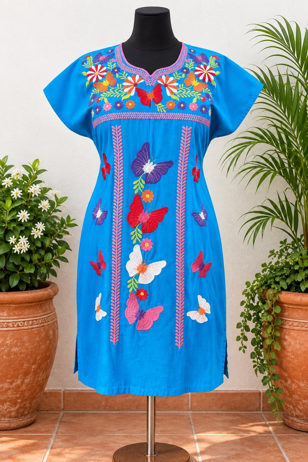 Image of Turquoise Mariposa Embroidered Dress, Multicolor Embroidered Butterfly Fiesta Style, Knee-Length Boho Dress, Fiesta ready