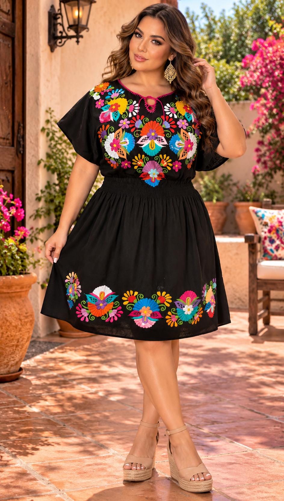 Image of Plus Size, 3X, Mexican Black Dress, Embroidered Chiapas Dress, Colorful Floral Dress, Mexican Fiesta Dress, Boho Artisan Dress, Folk Dress