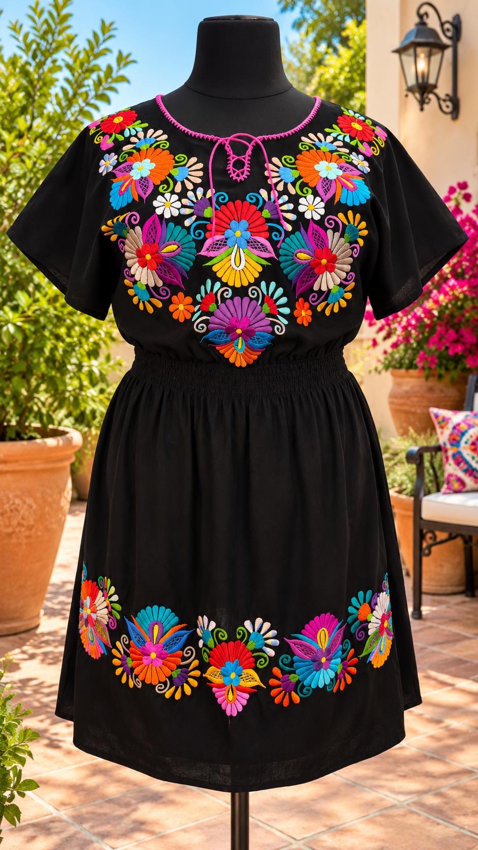 Image of Plus Size 3X, 4th Style, Mexican Black Dress, Embroidered Puebla Style Dress, Mexican Fiesta Dress, Fresh and Light weight muslin fabric