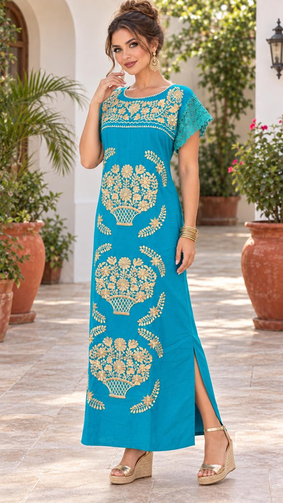 Image of Dayanara 2, Mexican Embroidered Longe Dress – Artisanal Golden Floral Maxi Style, Cocktail dress, Date night, Special events, Small