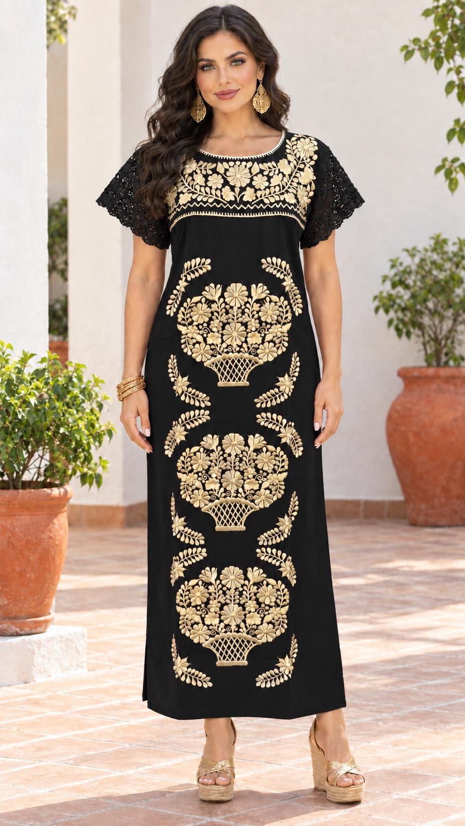 Image of Dayanara 2, Mexican Embroidered Longe Dress – Artisanal Golden Floral Maxi Style, Cocktail dress, Date night, Special events, Small