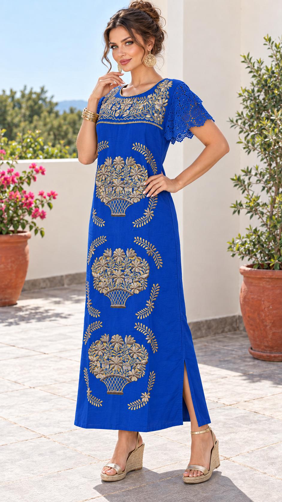 Image of Dayanara 2, Mexican Embroidered Longe Dress – Artisanal Golden Floral Maxi Style, Cocktail dress, Date night, Special events, Small